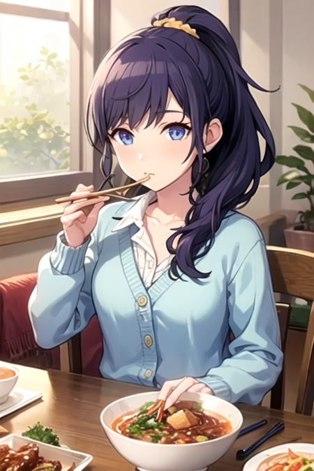 amafuyu, 1girl, solo, long hair, looking at viewer, blue eyes,  shirt, hair ornament, long sleeves, holding, collarbone, upper body, purple hair, food, striped, collared shirt, dress shirt, buttons, eating, scrunchie, cardigan, high ponytail, vertical stripes, hair scrunchie, bowl, chopsticks, rice, holding chopsticks, holding bowl, blue cardigan<lora:AsahinaMafuyu:0.5>