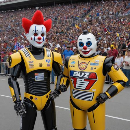 Photograph of two robotic NASCAR fans in vibrant costumes at a race event. The robot on the left, wearing a red and gold mask, black shirt, and holding a "BUZZ" flag, stands behind the other robot, who is wearing a colorful clown mask and a "BUZZ BUZZ" flag. The background features a crowd of robots, some with diverse costumes, and a partially visible grandstand. The overall atmosphere is lively and festive.