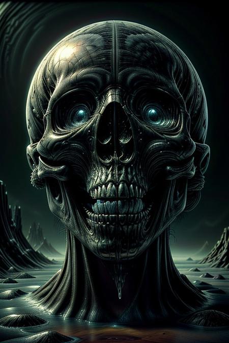 A close-up photorealistic image of a crystallic floating skull facing the viewer with its mouth open, pouring from it's mouth a shimmering liquid resembling the universe onto the ground, filled with rich stars and swirling galaxies. A simple void background enhances the dark atmosphere, shrouded in fog, capturing the hypnotic flow and shimmer of the cosmic liquid,