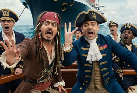 2 men taking a selfie , Johnny Depp dressed as Captain Jack Sparrow & 
Rowan Atkinson dressed as Mr Bean on the board of a sinking ship, in the background you can see the sailors yelling and screaming , realistic, complementary colors . octane render, highly detailed, volumetric, dramatic lighting