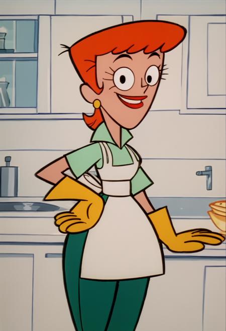 dextersmom, solo, 1girl, aqua shirt, green pants, rubber gloves, orange hair, earrings, apron, short hair, smile, kitchen, lipstick,green footwear