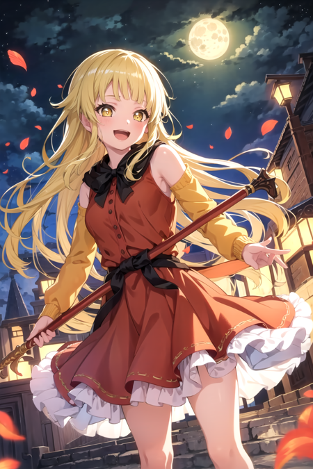 <lora:KokoroTsurumaki5-08:0.7>,kokorobd, smile, open mouth, long sleeves,  dress, holding, 1girl, weapon, :d, outdoors, sky, sleeveless, cloud, hood, petals, , night, sleeveless dress, moon, red dress, night sky,  full moon, orange dress