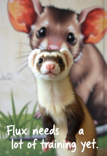 a ferret in front of a mural of a mouse with the text "Flux needs a lot of training yet" in a handwriting font