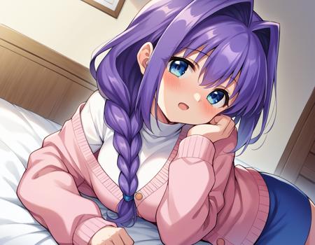 akiko minase, braid, braided ponytail, hair intakes, hair over shoulder, long hair, single braid, purple hair, blue eyes, cardigan, long sleeves, pink cardigan, long sleeves, turtleneck, shirt, white shirt, skirt, blue skirt,