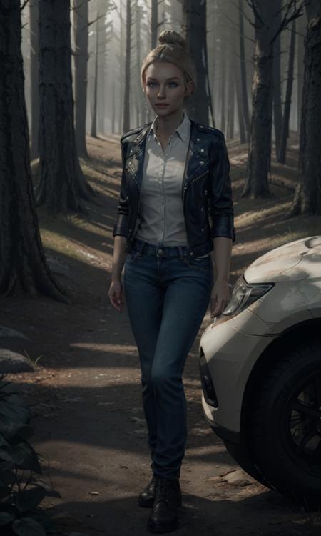 alicewakeRMK, leather jacket, blue jean pants, white shirt, 1girl, dark forest, 8k, uhd, best quality, trending on artstation, blonde hair, pale skin, blue eyes, short hair, hair bun, hair tied back, cinematic lighting, full body, looking at viewer