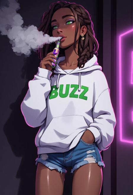 1 girl, skinny, brown hair, dreadlocks, green eyes, dark skinned girl, earrings,  white sweatshirt with green writing "BUZZ" on the front, vaping, cloudchaser, smoke, dark room, neon lights, masterpiece, best quality, Ray tracing, hdr, volumetric lighting, highres, detailed background
