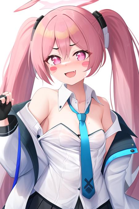 masterpiece, best quality, highres, solo, {koyuki_bluearchive:1.10}, long_hair, pink_hair, halo, twintails, open_mouth, bangs, hair_between_eyes, necktie, pink_eyes, very_long_hair, fang, blue_necktie, smile, blush, skin_fang, breasts, 1girl, black_gloves, blush_stickers, fingerless_gloves, gloves, jacket, long_sleeves, shirt, simple_background, upper_body, white_shirt, collared_shirt, looking_at_viewer, white_background, white_jacket, hair_ornament, off_shoulder, open_clothes, +_+