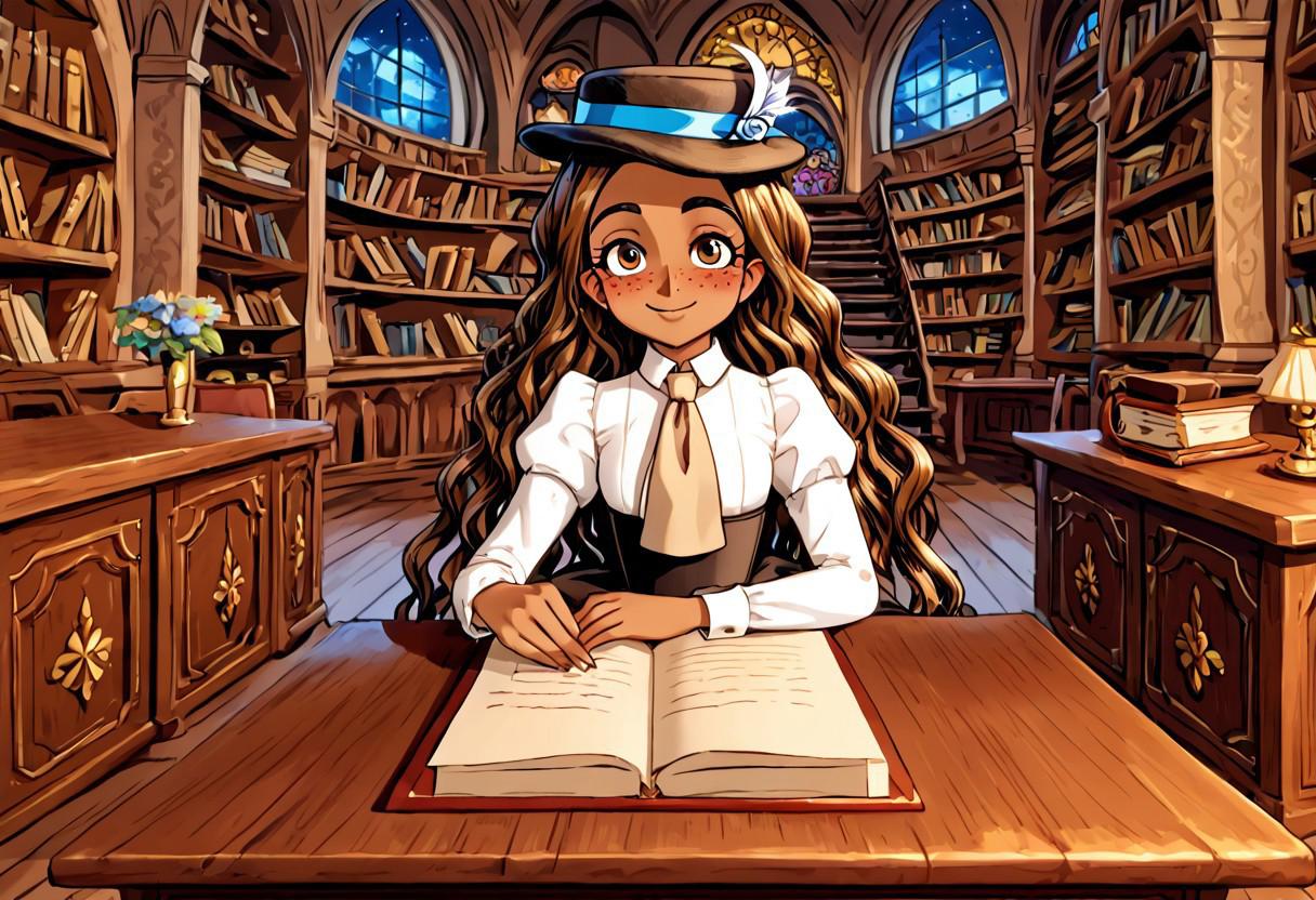 high definition franimel, dress, long hair untill hips, brown skin, brown eyes, freckles, blushing, hat, beige tie, dramatic illumination, full body, victorian library, detailed background, night, sitting on a desk, cute smile, look at viewer,