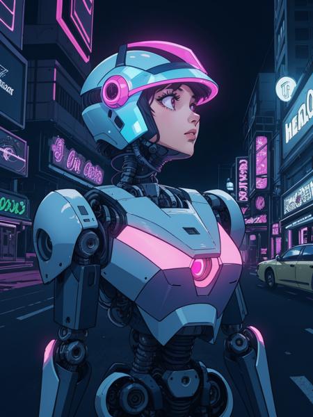 (best quality, masterpiece), 1girl, robotic, mechanical arms, neon lights, helmet, visor down,scenery,