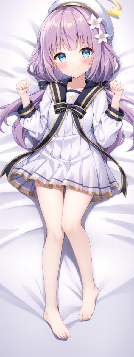 ((masterpiece,best quality)), 1girl, solo, (plan view),top view,(lie on the bed),(pleated white bedsheet background), fullbody, light_blush, light_smile, depth of field, white hair, white dress, white school uniform, beret, mika_halo, flower ornaments, sailor collar, bare legs, barefoot, low twintails, <lora:yurisaki_mika_20:0.8>, yurisaki_mika