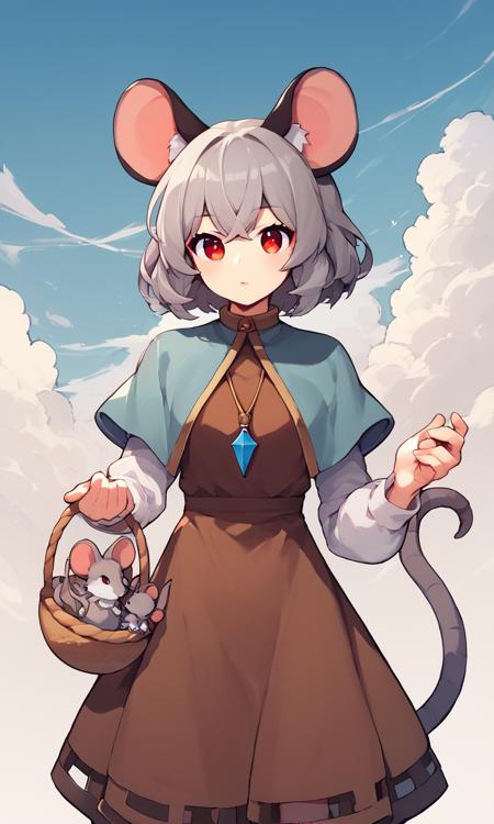 nazrin mouse ears, red eyes, mouse tail, grey hair, capelet, brown dress, white sleeves, pendant