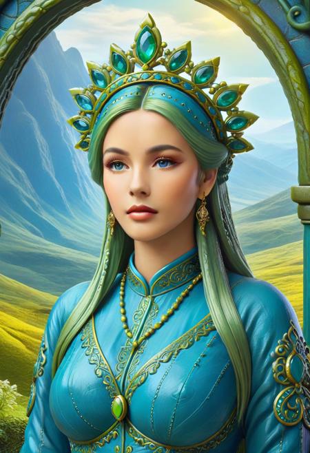 Queen made of dvr-pckl, magical landscape with enchanted elements, fantasy art style, slate blue theme, intricate details, ultra sharp, exquisite detail, flawless composition, vivid colors, masterpiece, Super model, portrait, stoic, expressionless, beautiful, photorealistic, UHD, 8K, masterpiece, detailed, ultra_high_resolution, lots of detail, YurYuna, modest, sfw, gorgeous, looks beautiful and aesthetic, colorful background, key visual, luxurious, artistic, high resolution, digital art, visual aesthetics, contemporary design, vibrant colors, artistic composition,  elegant, intricate detailing, modern,