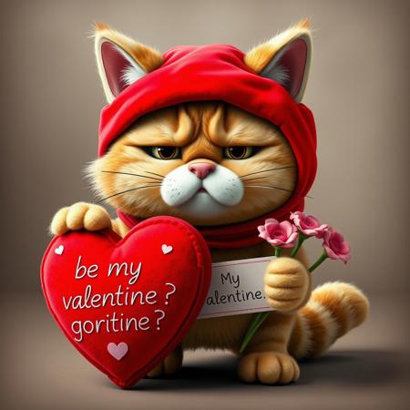 a beautiful big plush cat with a serious and upset face in a costume that lets him move with difficulty a giant red heart with a sign "be my valentine?" and holding some flowers