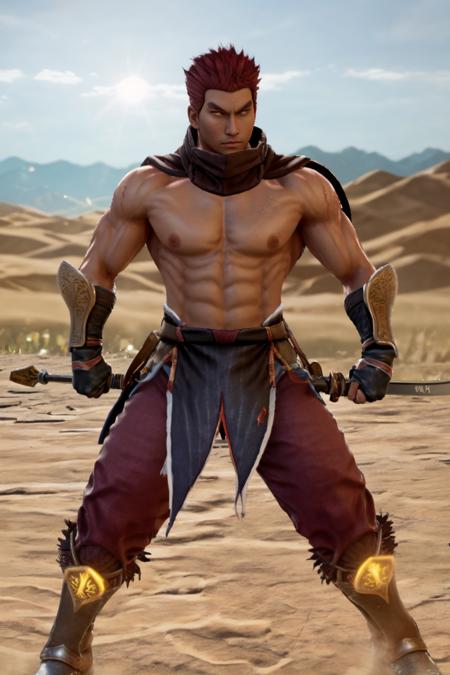 1guy, DHWANG, dark skin, red hair, red eyes, yellow iris, yellow pupils, brown scarf, chest cross scar, topless male, armored wristbands, brown gloves, brown loincloth, red korean pants, belt, sword, chinese sword, armored boots,