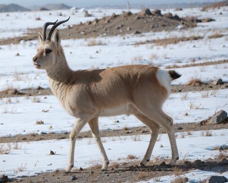 no humans, tibetan gazelle, horns, realistic, outdoors,  snow, rock,  grass,  <lora:tibetan_gazelle_v1:0.67>