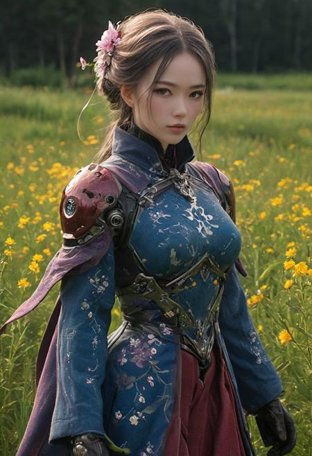 Capturing the fusion of elegance and technology, behold the busty cleavage cyborg samurai princess strolling through flower meadow. Clad in a linen hanfu adorned with a mesmerizing dark-red mystical galaxy pattern, she commands attention as awestruck birds and dragonflys admire her presence. very detailed, 
raw photo, a blue sunset landscape, photorealistic, high detailed texture, 8k uhd, dslr, soft lighting, high quality, film grain, Fujifilm XT3, highly detailed photography, (muted colors, cinematic, dim colors, soothing tones:1.2), vibrant, insanely detailed, hyperdetailed, (dark shot:1.2), (vsco:0.3), (intricate details:0.9), (hdr, hyperdetailed:1.2)