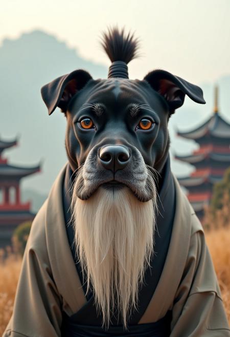 A photorealistic portrait of a black dog with a flat, squashed face, styled like a martial arts master. The dog has a long flowing white beard extending far below its chin, large bushy white eyebrows, and long sideways white whiskers. On top of its head is a traditional topknot bun, resembling Pai Mei from Kill Bill. The dog is wearing traditional East Asian monk robes in neutral tones, with a black sash. It stares directly into the camera with a calm, superior expression. The background is a misty mountain temple scene with warm natural lighting. Vertical 9:16 aspect ratio.