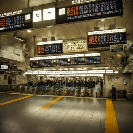 kaisatsu, STOKYO, train staion, multiple boys, indoors, ceiling light, train station, reflective floor, tiles, scenery, tile floor, realistic,
