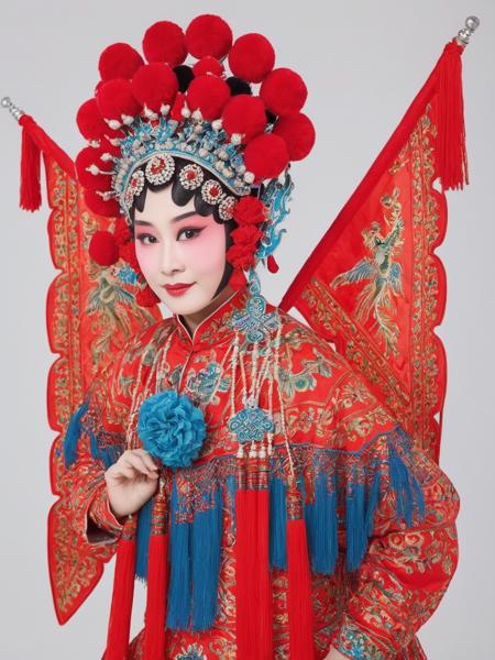 <lora:chinese operas_1-000015:0.7>,A woman was dressed in a red, patterned costume,Several pieces were carried on his back,solo,Front close-up,daomadan,