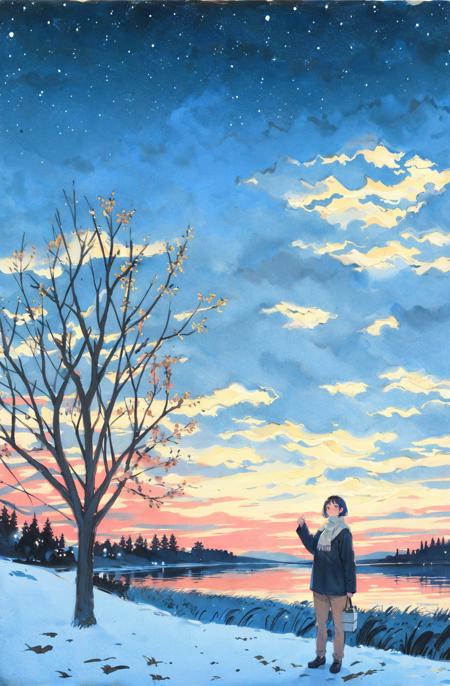 sky, 1girl, outdoors, solo, traditional media, scenery, tree, cloud, snow, wide shot, painting (medium), night, scarf, star (sky), starry skyr, best quality  <lora:watercolor imagerya:0.75>