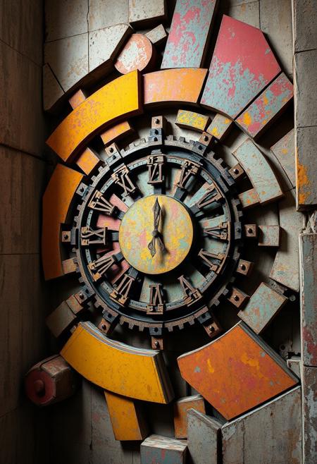 colorful, bright, vivid, fractured geometry in the bunker walls, raw, (polished:-1.3),clock, (smooth surfaces:-1.4), infinite geometry in mechanical structures, soft yet angular forms, (noisy:-1.1), (blurry:-1.2), sculptural appearance, dystopian vibe, fragmented beams, photorealism, weathered textures, rigid platonic structure, (disjointed anatomy:-1.3), (low quality:-1.2), intersecting planes of concrete and metal, brutalist geometry, unsettling, exaggerated platonic forms, vibrant oil pastel colors, multichromatic oxides, recursive shapes in clock gears, (ugly:-1.3), saturated hues of corroded metal, interlocking geometric patterns, primal aesthetic, weathered concrete walls, flowing yet sharp brutal edges, (cartoonish:-1.1), underground bunker, deep earthy tones, high resolution, stark industrial lighting, surfaces, colorful oxides, patina, (overly ornate:-1.5), (bad composition:-1.3)