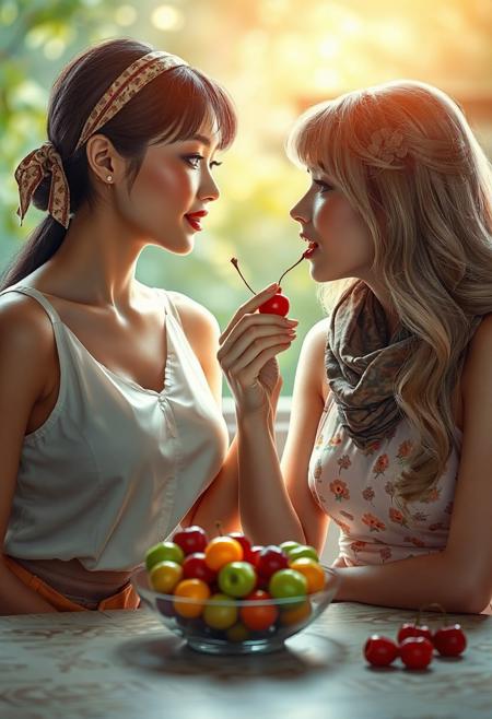 real life realistic, two beautiful women at a table, bowl of fruit between them, women looking in each other's eyes lovingly as one offers a cherry to the open mouth of the other woman.  One  hand is on the cheek of the other woman. one Asian, one blonde Swede. one small breasts, one large breasts. one sleeveless blouse and skirt, one sundress. one headband, one scarf. one bangs, one long hair.
score_9, score_8_up, very detailed, detailed eyes,  high detailed texture, realistic, photorealistic, perfect eyes, real life realistic, Expressiveh, Stable_Yogis_PDXL_Positives, midjourneylora, detailed background, dynamic angle, volumetric lighting, godrays, beautiful, small breasts, green eyes,
