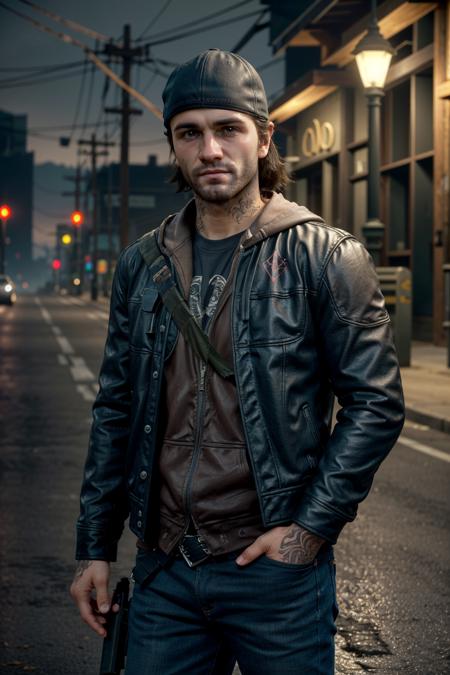 ((ultra detailed, masterpiece, best quality))
 <lora:DaysGoneDeek:0.8>
DaysGoneDeek, 1boy, solo, portrait, Under the glow of a streetlamp, fitted leather jacket, casual yet stylish, a glimpse of tattoos visible, hands in pockets with a nonchalant pose