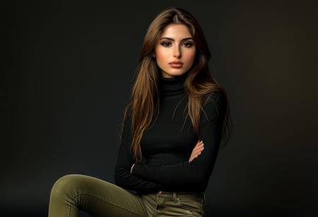 Photorealistic picture in the style of Luis Royo. Black background. A beautiful Lebanese woman with long brown hair. She wears a black turtleneck, and a pair of olive green skinny jeans. She crosses her arms.