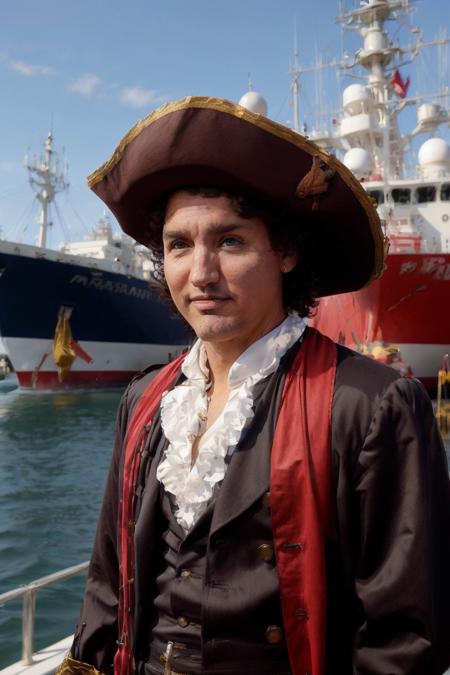 jtrudeau, dressed as a pirate, pirate hat, <lora:justin_trudeau_5:0.6>, nautical background, ship background