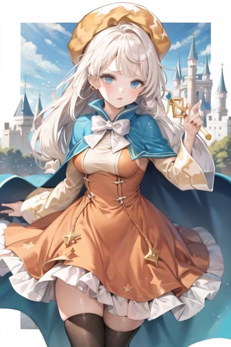 1girl, crkcreampuff, blue eyes, long hair, white hair, orange dress, blue cape, yellow headwear, wide sleeves, bow, bowtie, wand, (castle:1.3), frown <lora:creampuff_cookie:0.8>