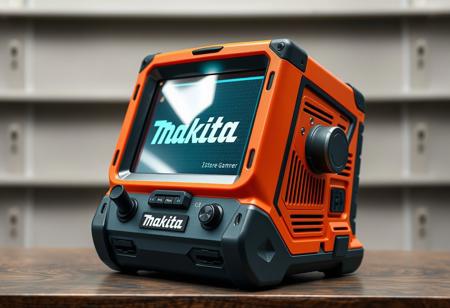 Shockproof construction PC game computer made by Makita. Shockproof construction tool style PC game computer. "Makita" logo on the body.