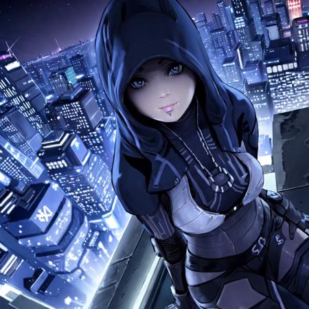 KasumiGoto, 1girl, masterpiece, best quality, city background, cyberpunk, from above