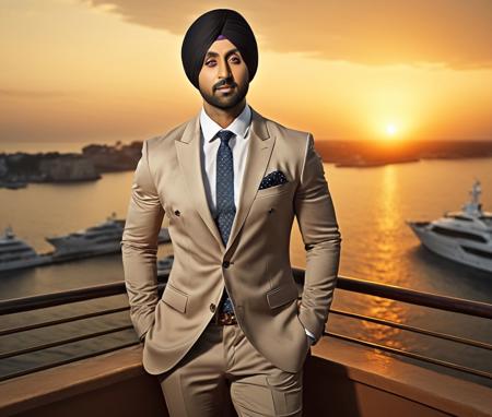 Nautical-themed (Photo:1.3) of (Ultrarealistic:1.3) <lora:Man_Men_FFashion:1> Ranbir Kapoor a man <lora:Diljit:0.9> in a tan suit standing on a balcony, sun behind him, inspired by Pablo Munoz Gomez, shot at golden hour, editorial photograph, midshot of a hunky, by Roman Bezpalkiv, by Artur Tarnowski, maxim sukharev, by Gabor Szikszai,Highly Detailed,(Mono Color:1.3) . Sea, ocean, ships, maritime, beach, marine life, highly detailed