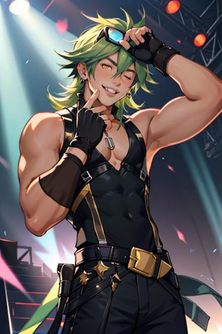 Ezreal_Heartsteel, solo, long hair, looking at viewer, gloves, 1boy, hair between eyes, yellow eyes, male focus, green hair, teeth, black gloves, belt, pants, fingerless gloves, v, black pants, eyewear on head, <lora:Ezreal_Heartsteel-03:1>, stage, jewelry, sleeveless, one eye closed, tongue out