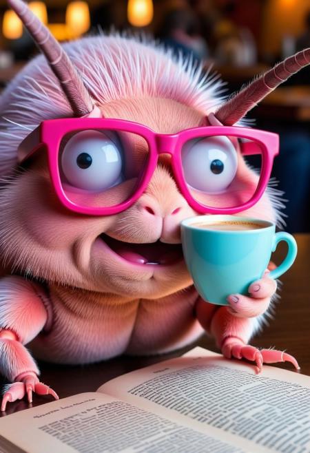 FLUX.1 cinematic style, very cute and kawaii pink cockroach wearing eyeglasses while reading a book and sipping coffee in a cafe, instagram photo,