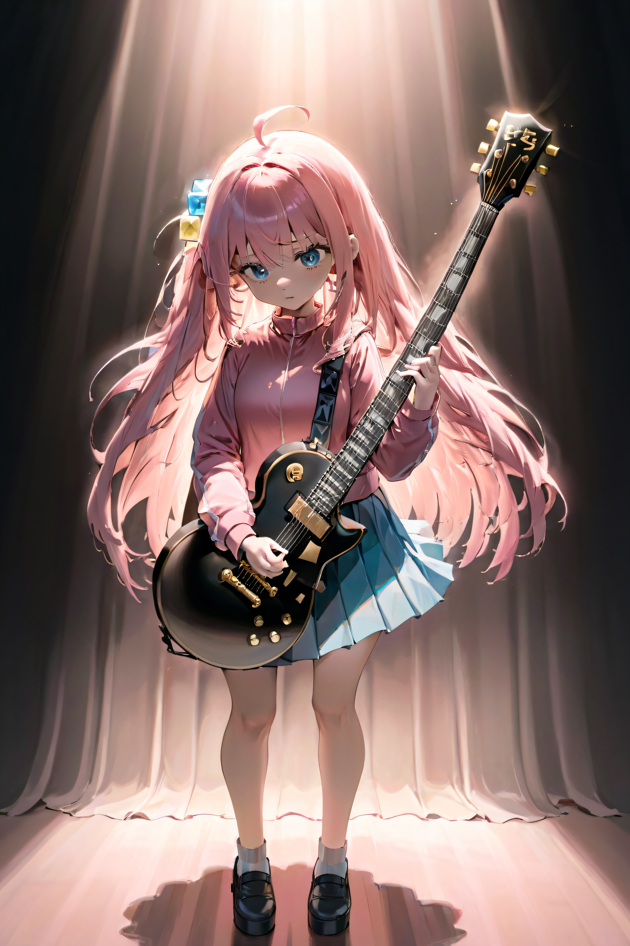 anime, pastel color, 1girl, holding instrument electric guitar,
playing instrument, pleated skirt, spotlight, standing, lo...
