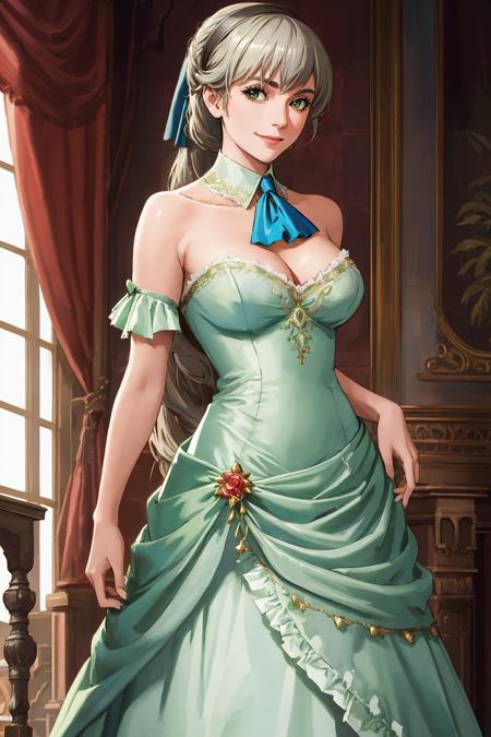 ((Masterpiece, best quality,edgQuality,photorealistic, hyper realistic)),standing,posing for a picture smiling, 
edgDreamy, ballgown, a woman in a green dress posing for a picture , wearing edgDreamy_dress,((plunging neckline,breasts apart))
 <lora:edgDreamyGowns:1>
 <lora:elie-ver2-nv-lightbaked-v1:0.8> elie macdowell, hair ribbon, hairband, blue ascot