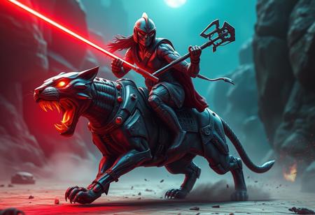 Generate a movie still of Cyborg He-Man riding Zombie Battle Cat, with a blood aura surrounded by a red light, showcasing intricate details. The image should resemble the style of Mac Conner, with a mix of art styles similar to Artgerm and a touch of realism akin to Leonardo DiCaprio's film appearances. The artwork should be of high quality, 8K resolution, and lifelike, with a focus on spicy and intimidating visuals. The overall aesthetic should convey carnage and the sense of an apex predator. Consider the official details found on Amiami and trending art styles on Artstation for inspiration.