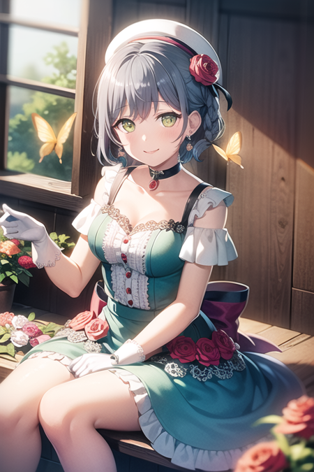 <lora:LOCK-03:0.7> , LOCK, 1girl, solo, looking at viewer, blush, smile, short hair, gloves, hat, dress, jewelry, sitting, green eyes, blue hair, collarbone, braid, flower, short sleeves, earrings, frills, choker, white gloves, blurry, petals, window, rose, bug, white flower, frilled sleeves, red flower, butterfly, multicolored clothes, pink flower, blue headwear, blue flower, red rose, yellow flower, purple flower, pink rose, multicolored dress, butterfly on hand, yellow butterfly