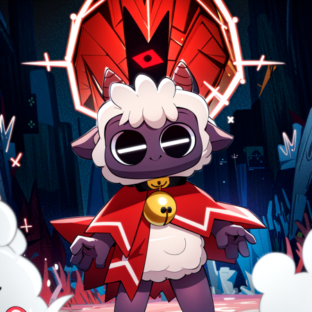 the lamb, solo, horns, neck bell, horizontal pupils, black eyes, black skin, furry, sheep horns, sheep, white hair, red cape, animal ears, crown, sheep ears, goat, tail,