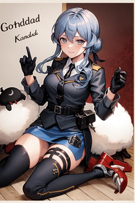 <lora:gotland:1>,gotland (kancolle), 1girl, blue hair, sheep, gloves, blue eyes, mole under eye, white gloves, military, skirt, long hair, thighhighs, mole, military uniform, uniform, blue thighhighs, solo, blue skirt, single hair bun, hair bun, half gloves, long sleeves, full body, necktie, character name, smile, hair between eyes, looking at viewer, shirt, black necktie, thigh strap, collared shirt