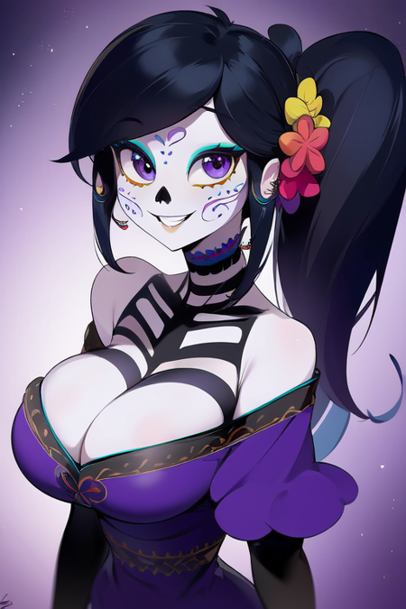 Catalina La Catrina black hair ponytail hair flower hair ornament colored skin colored sclera makeup calavera purple dress