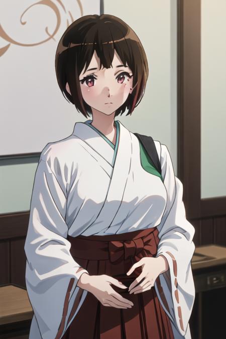 best quality, masterpiece, highres, solo, {white kimono:1.35}, {red hakama:1.35}, {wide sleeves:1.20}, {nakaseko_kaori_soundeuphonium:1.15}, short_hair, brown_hair, serafuku, mole, mole_under_eye, blush, red_eyes, bangs, blurry