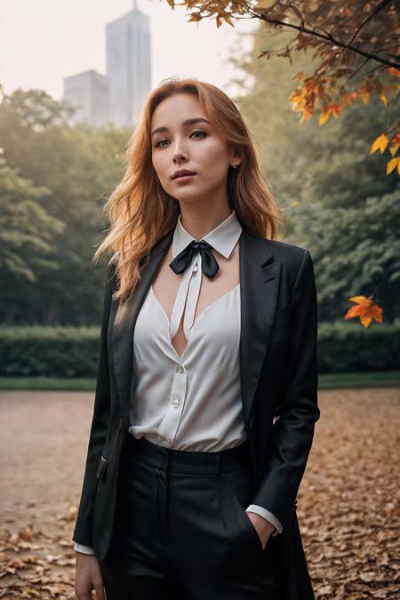 KellyC_SoloTI_v1,
posing for a picture, (Clad in a tailored charcoal suit, softened by a silk tie with a hint of color, embodying strength with a touch of tenderness), (An urban park at dawn, with skyscrapers towering overhead, softened by the gentle rustle of leaves, blending toughness with tranquility: 1.3), (seductive:1.3),(analog, cinematic, film grain, hazy atmosphere, cinematic shot:1.3),
 <lora:add_detail:0.6>, PA7_Portrait-MCU,