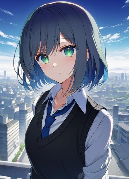 masterpiece, high quality, 8k, beautiful lighting, 1girl, solo, green eyes, medium_hair, white shirt, sweater vest, black vest, blue necktie, grey skirt, outdoors, upper body, looking at viewer, anime, blue hair, city, dynamic angle <lora:akane:0.7>