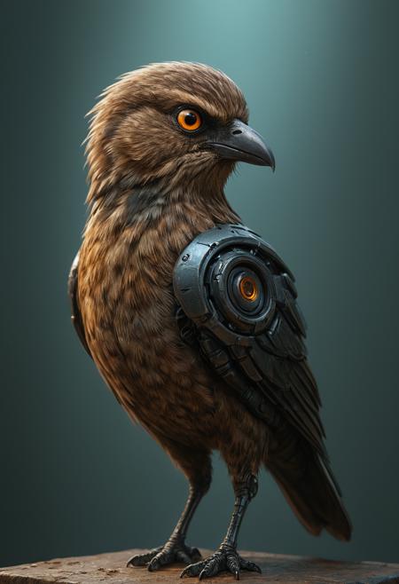 A digital oil painting illustration of a bird, looking at viewer, simple background, flat, 2d art, poster artwork, close up, focus, letters and characters in the background, masterpiece, absurdres, vibrant, dramatic epic setting, dynamic angle, dynamic pose, dramatic light, highly detailed, high resolution textures, ultra high resolution, futuristic, cyborg vibes, mobe-cybideen, <lora:CyberBioDetailEnhancerV1:0.75>,