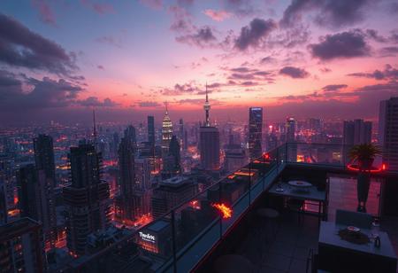 Penthouse, night city view, cyberpunk themed, retrowave,