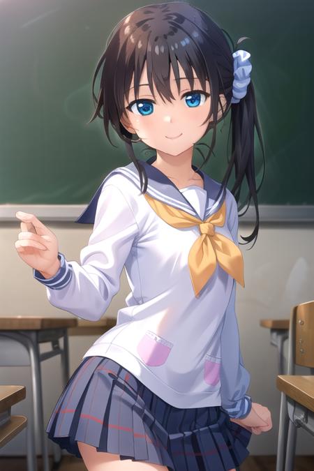 Onami Kohaku very long hair,black hair,side ponytail,hair intakes,hair scrunchie,blue scrunchie,hair ornament,hair between eyes,blue eyes sailor collar,serafuku,white shirt,neckerchief,long sleeves,blue skirt,plaid skirt,pleated skirt,black socks,loafers