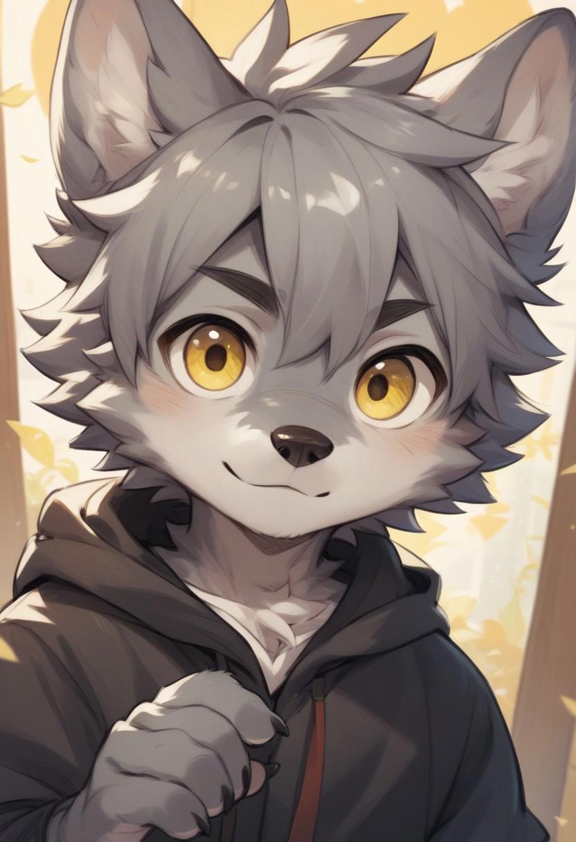 Score_up_7, score_up_8, score_up_9, 1boy, cute, yellow eyes, gray hair, short hair, furry,  wolf, shortstack, alone