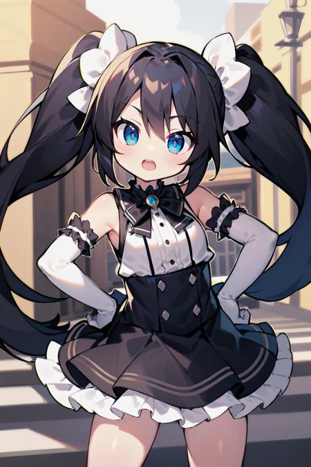 masterpiece, best quality, long hair, twintails, black hair, blue eyes, frilled dress, elbow gloves, outdoors, hand on hip,